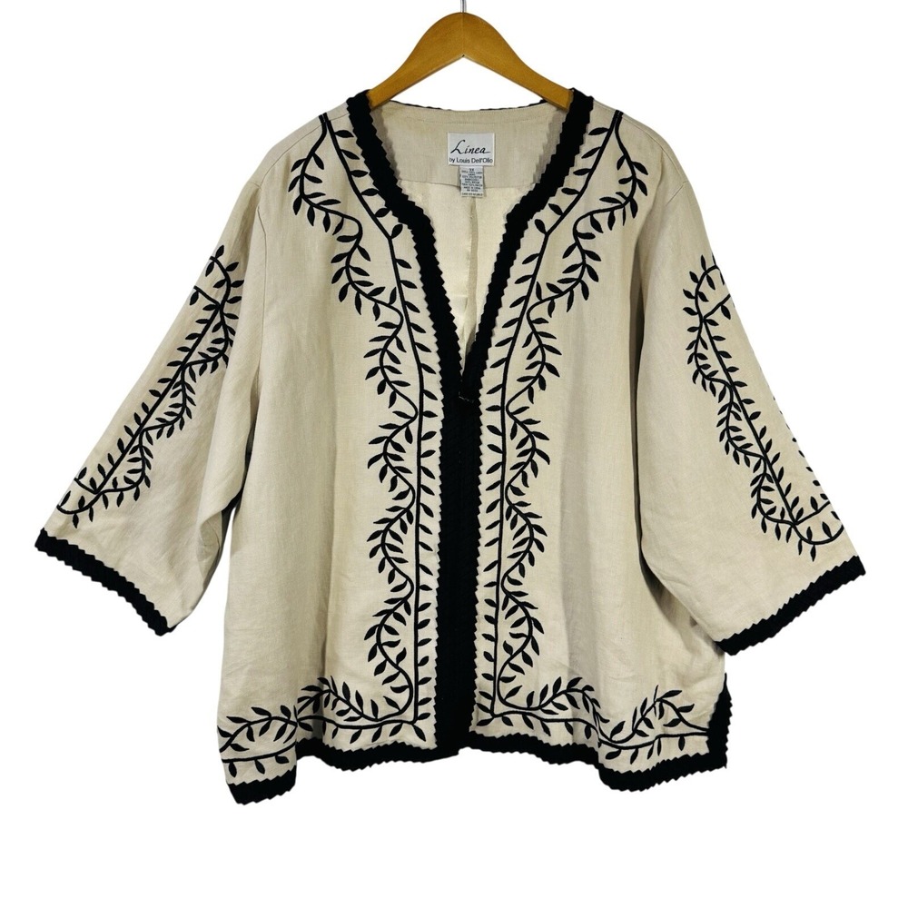 Linea Top Womens 3X Beige Black Linen Embroidered Boho Tunic Open Front Artsy